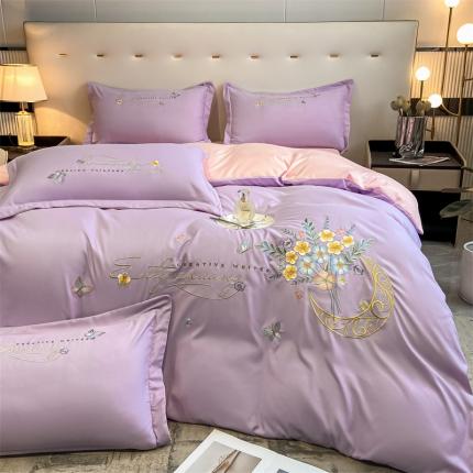 91家纺网 家纺一手货源 找家纺 大麦乐田2023新款亲肤雅棉刺绣四件套-镜花水月 紫