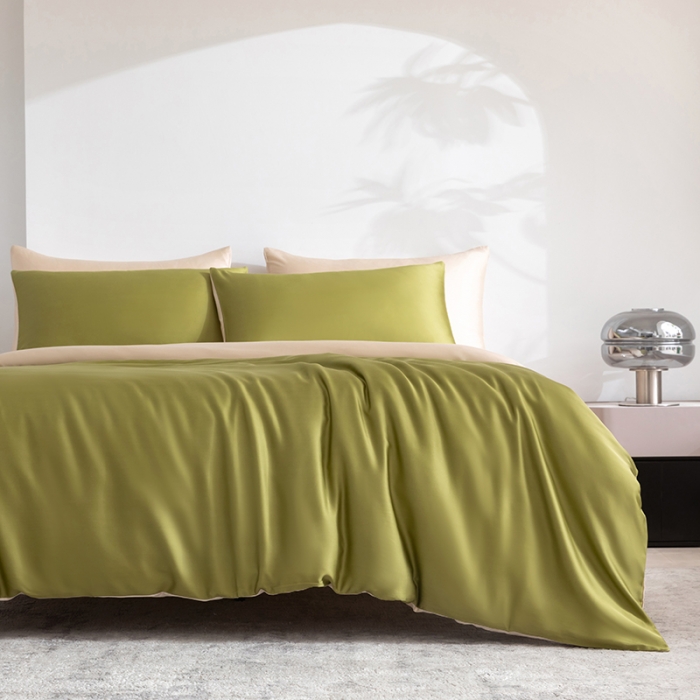 91家纺网 家纺一手货源 找家纺 轩和新款50支纯色天丝四件套单品被套床单床笠枕套系列 豆蔻绿+奶酪黄