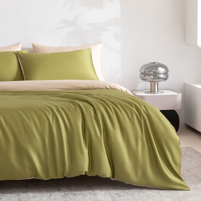 91家纺网 家纺一手货源 找家纺 轩和新款50支纯色天丝四件套单品被套床单床笠枕套系列 豆蔻绿+奶酪黄
