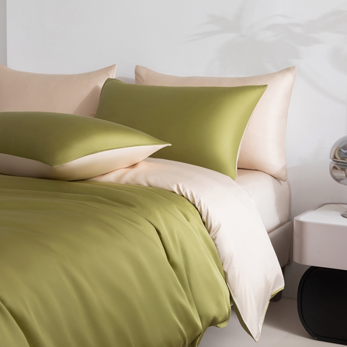 91家纺网 家纺一手货源 找家纺 轩和新款50支纯色天丝四件套单品被套床单床笠枕套系列 豆蔻绿+奶酪黄