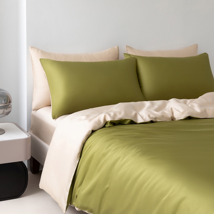 91家纺网 家纺一手货源 找家纺 轩和新款50支纯色天丝四件套单品被套床单床笠枕套系列 豆蔻绿+奶酪黄