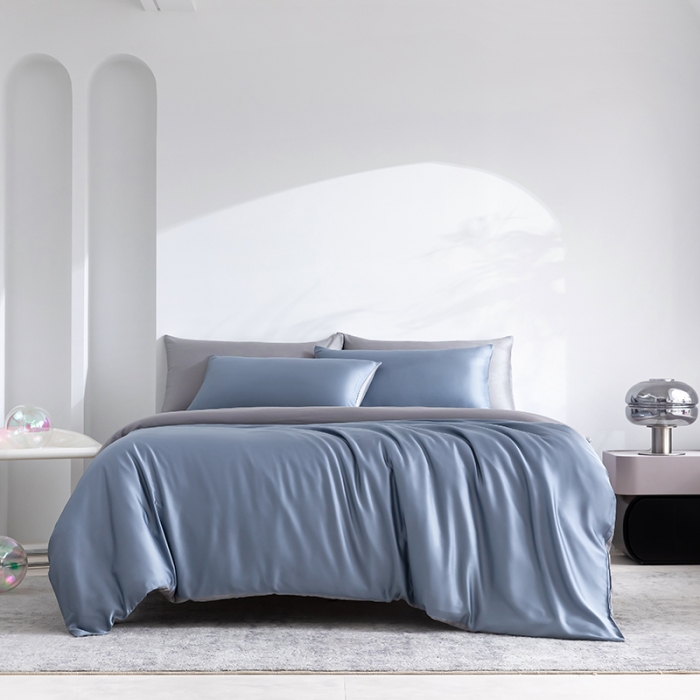 91家纺网 家纺一手货源 找家纺 轩和新款50支纯色天丝四件套单品被套床单床笠枕套系列 劳伦蓝+伯爵灰