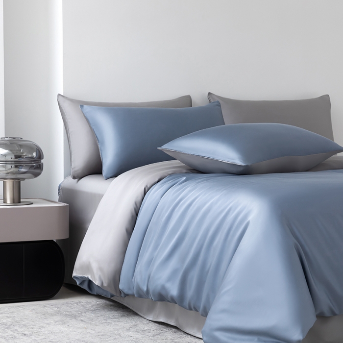 91家纺网 家纺一手货源 找家纺 轩和新款50支纯色天丝四件套单品被套床单床笠枕套系列 劳伦蓝+伯爵灰