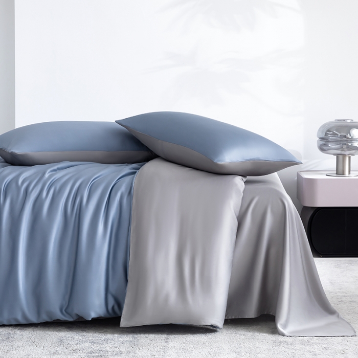 91家纺网 家纺一手货源 找家纺 轩和新款50支纯色天丝四件套单品被套床单床笠枕套系列 劳伦蓝+伯爵灰