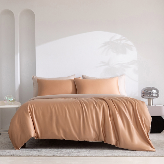 91家纺网 家纺一手货源 找家纺 轩和新款50支纯色天丝四件套单品被套床单床笠枕套系列 拿铁咖+铂光金