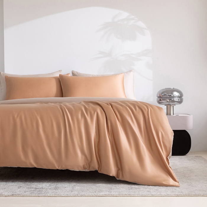 91家纺网 家纺一手货源 找家纺 轩和新款50支纯色天丝四件套单品被套床单床笠枕套系列 拿铁咖+铂光金