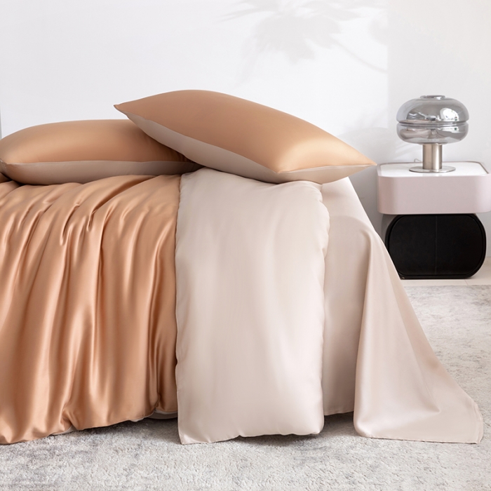 91家纺网 家纺一手货源 找家纺 轩和新款50支纯色天丝四件套单品被套床单床笠枕套系列 拿铁咖+铂光金