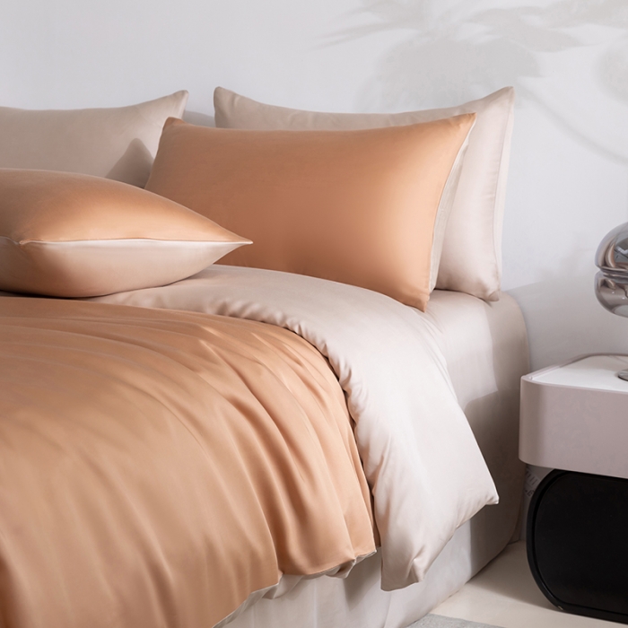 91家纺网 家纺一手货源 找家纺 轩和新款50支纯色天丝四件套单品被套床单床笠枕套系列 拿铁咖+铂光金