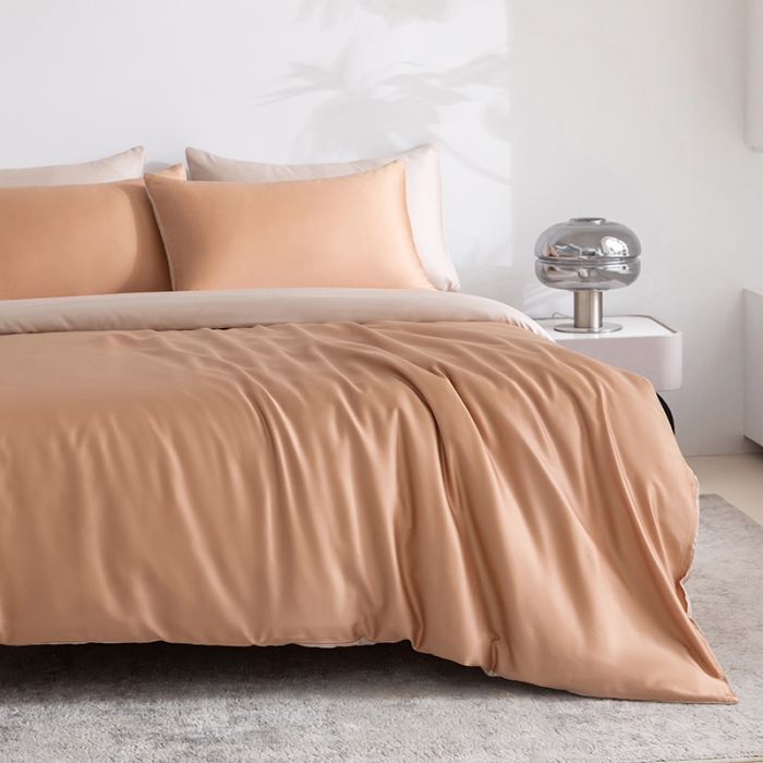 91家纺网 家纺一手货源 找家纺 轩和新款50支纯色天丝四件套单品被套床单床笠枕套系列 拿铁咖+铂光金