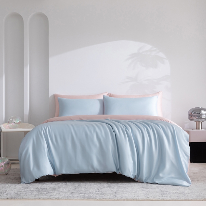 91家纺网 家纺一手货源 找家纺 轩和新款50支纯色天丝四件套单品被套床单床笠枕套系列 夏日蓝+告白粉