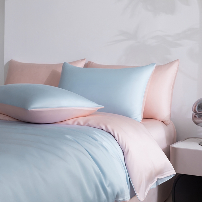 91家纺网 家纺一手货源 找家纺 轩和新款50支纯色天丝四件套单品被套床单床笠枕套系列 夏日蓝+告白粉