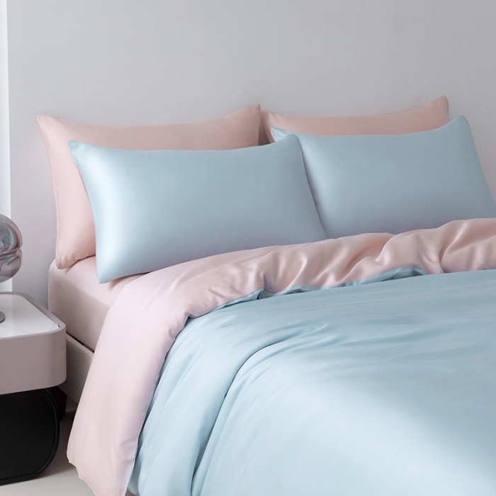 91家纺网 家纺一手货源 找家纺 轩和新款50支纯色天丝四件套单品被套床单床笠枕套系列 夏日蓝+告白粉