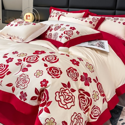 91家纺网 家纺一手货源 找家纺 60支长绒棉婚庆四件套大红色结婚新疆棉喜庆床单被套简约纯色刺绣床上用品 玫瑰情缘-喜庆红