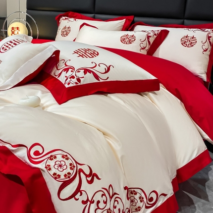 91家纺网 家纺一手货源 找家纺 60支长绒棉婚庆四件套大红色结婚新疆棉喜庆床单被套简约纯色刺绣床上用品 玫瑰情缘-喜庆红