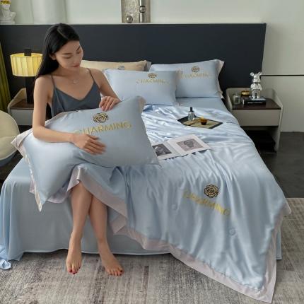 91家纺网 家纺一手货源 找家纺 佰亿莱 2024新款水洗天丝刺绣款夏被四件套山茶花系列 山茶花-天空兰