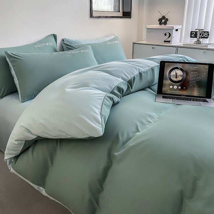 91家纺网 家纺一手货源 找家纺 啊雅 2025新款双拼绣花四季款磨毛四件套 奶石兰加奶星蓝