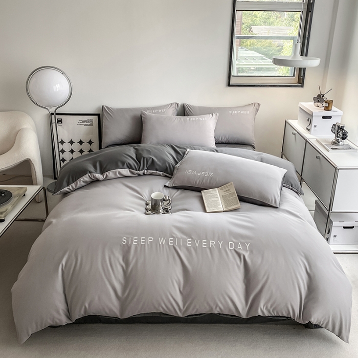 91家纺网 家纺一手货源 找家纺 啊雅 2025新款双拼绣花四季款磨毛四件套 奶浅灰加奶深灰