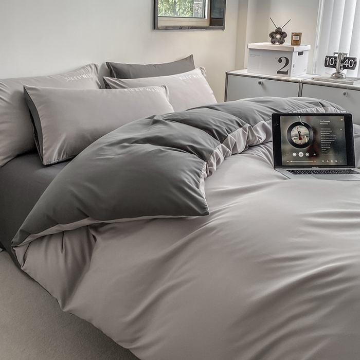 91家纺网 家纺一手货源 找家纺 啊雅 2025新款双拼绣花四季款磨毛四件套 奶浅灰加奶深灰