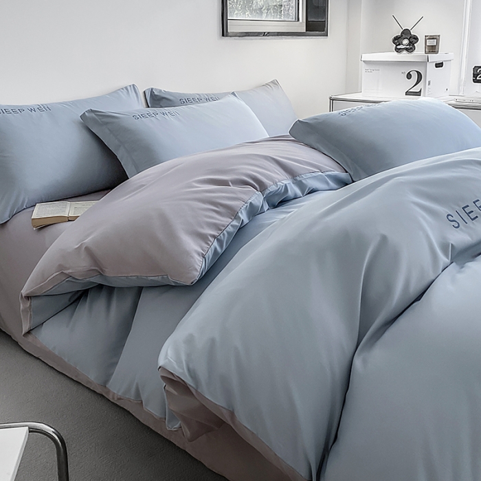 91家纺网 家纺一手货源 找家纺 啊雅 2025新款双拼绣花四季款磨毛四件套 奶兰灰加奶浅灰