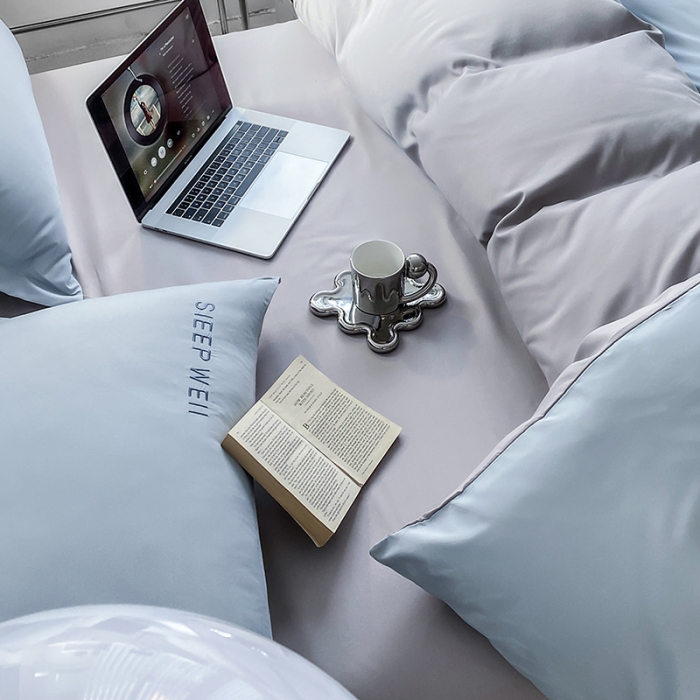 91家纺网 家纺一手货源 找家纺 啊雅 2025新款双拼绣花四季款磨毛四件套 奶兰灰加奶浅灰