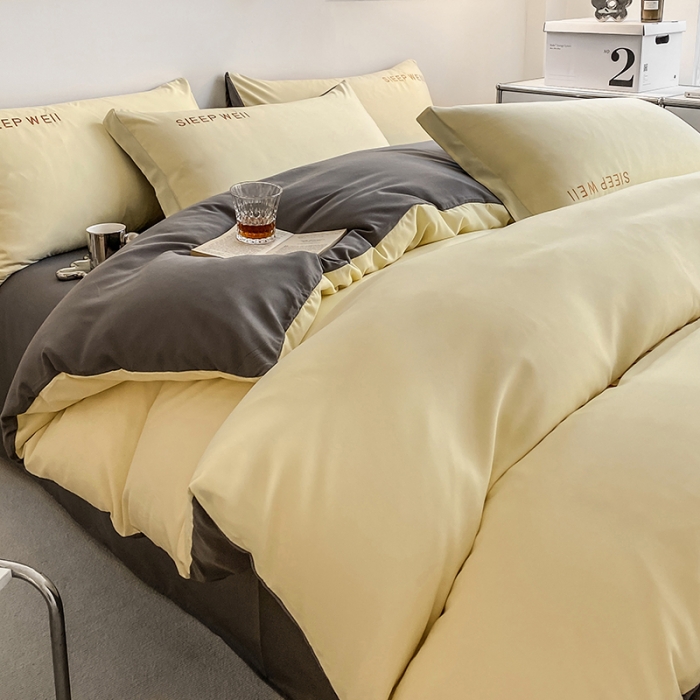 91家纺网 家纺一手货源 找家纺 啊雅 2025新款双拼绣花四季款磨毛四件套 奶黄加奶深灰