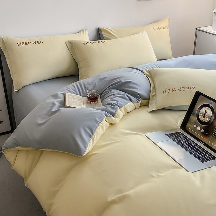 91家纺网 家纺一手货源 找家纺 啊雅 2025新款双拼绣花四季款磨毛四件套 奶黄加奶浅灰