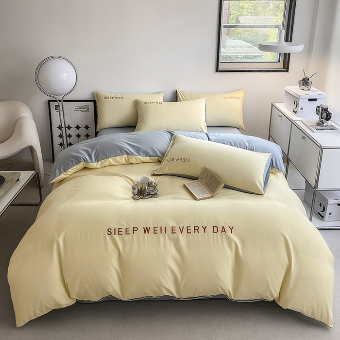 91家纺网 家纺一手货源 找家纺 啊雅 2025新款双拼绣花四季款磨毛四件套 奶黄加奶浅灰