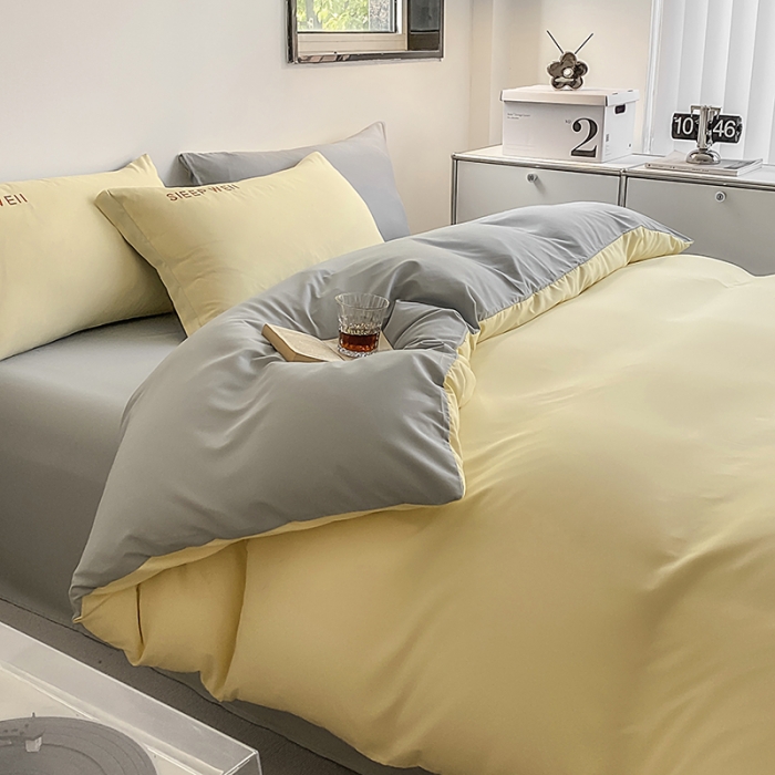 91家纺网 家纺一手货源 找家纺 啊雅 2025新款双拼绣花四季款磨毛四件套 奶黄加奶浅灰