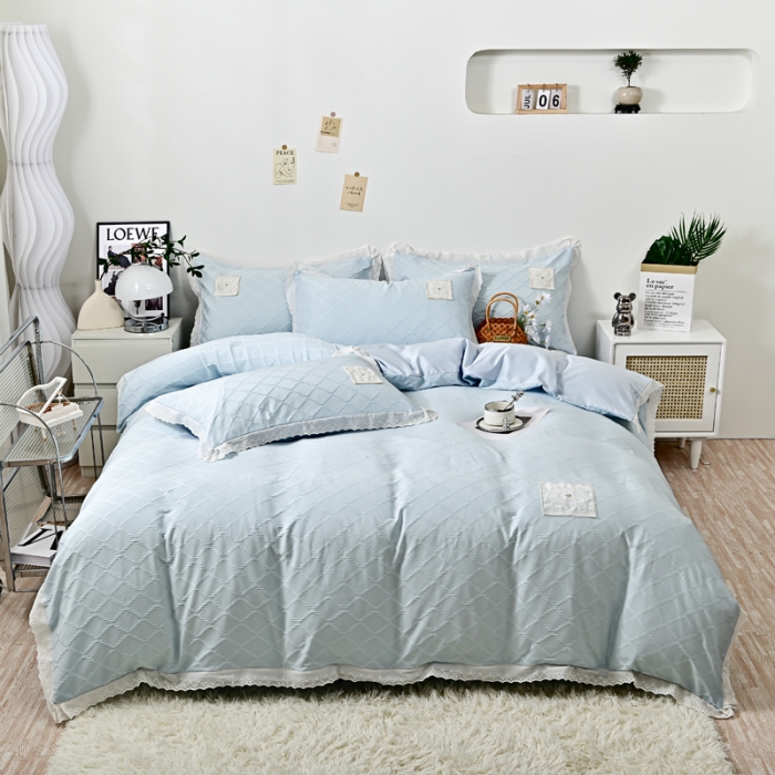 91家纺网 家纺一手货源 找家纺 宅家居 2023新款双层纱菱形格贴布绣花边四件套-罗威系列 罗威-淡蓝