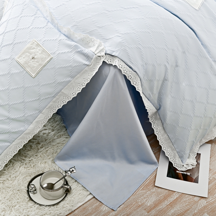 91家纺网 家纺一手货源 找家纺 宅家居 2023新款双层纱菱形格贴布绣花边四件套-罗威系列 罗威-淡蓝