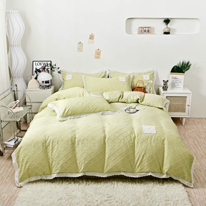 91家纺网 家纺一手货源 找家纺 宅家居 2023新款双层纱菱形格贴布绣花边四件套-罗威系列 罗威-果绿