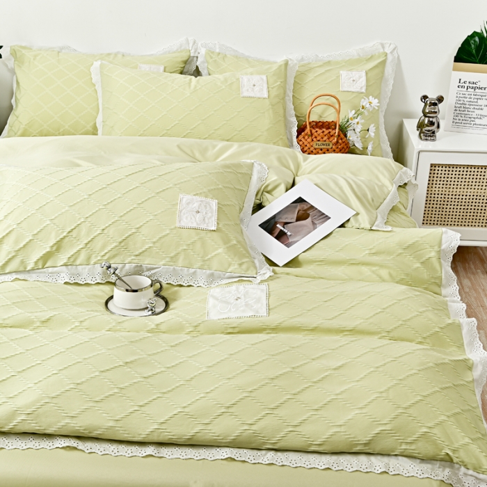 91家纺网 家纺一手货源 找家纺 宅家居 2023新款双层纱菱形格贴布绣花边四件套-罗威系列 罗威-果绿