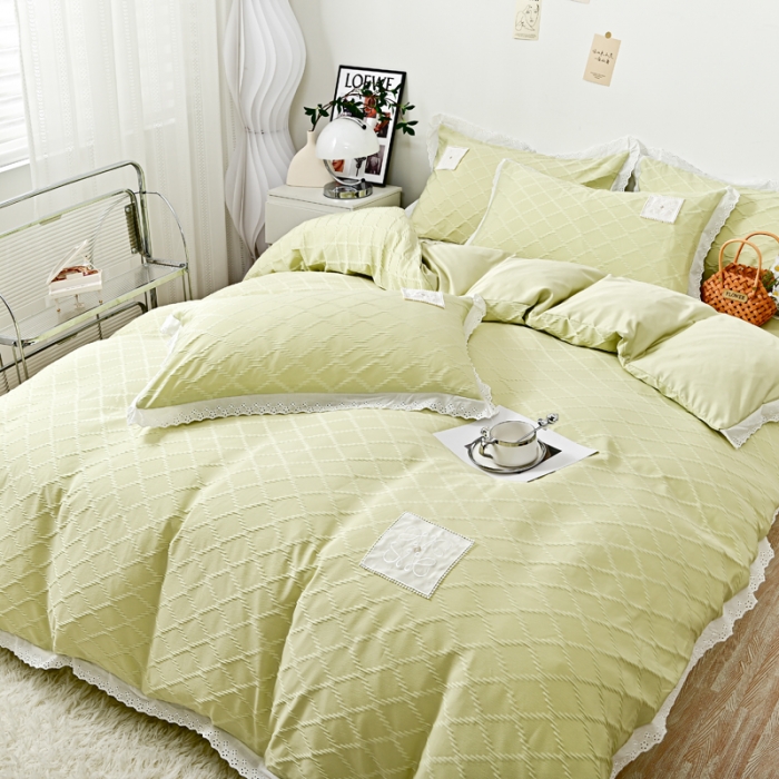 91家纺网 家纺一手货源 找家纺 宅家居 2023新款双层纱菱形格贴布绣花边四件套-罗威系列 罗威-果绿