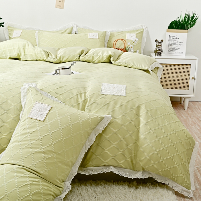 91家纺网 家纺一手货源 找家纺 宅家居 2023新款双层纱菱形格贴布绣花边四件套-罗威系列 罗威-果绿