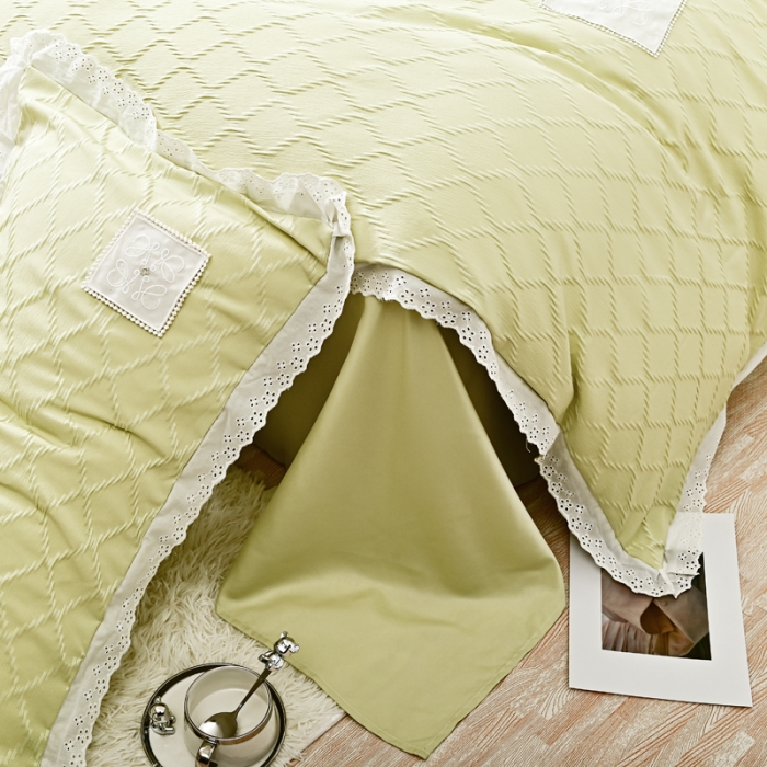 91家纺网 家纺一手货源 找家纺 宅家居 2023新款双层纱菱形格贴布绣花边四件套-罗威系列 罗威-果绿