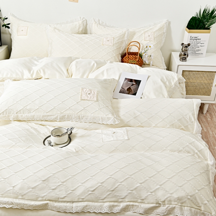91家纺网 家纺一手货源 找家纺 宅家居 2023新款双层纱菱形格贴布绣花边四件套-罗威系列 罗威-奶白