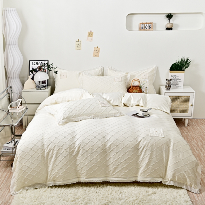 91家纺网 家纺一手货源 找家纺 宅家居 2023新款双层纱菱形格贴布绣花边四件套-罗威系列 罗威-奶白