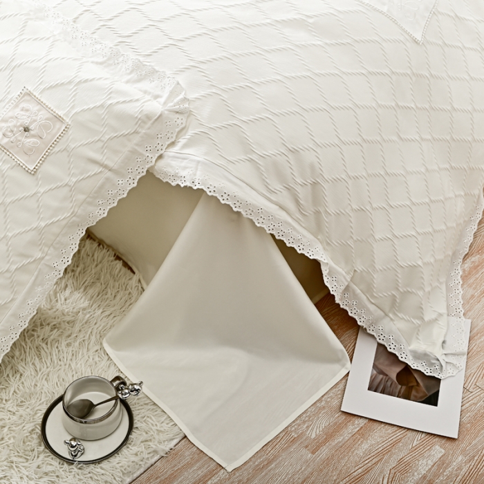 91家纺网 家纺一手货源 找家纺 宅家居 2023新款双层纱菱形格贴布绣花边四件套-罗威系列 罗威-奶白