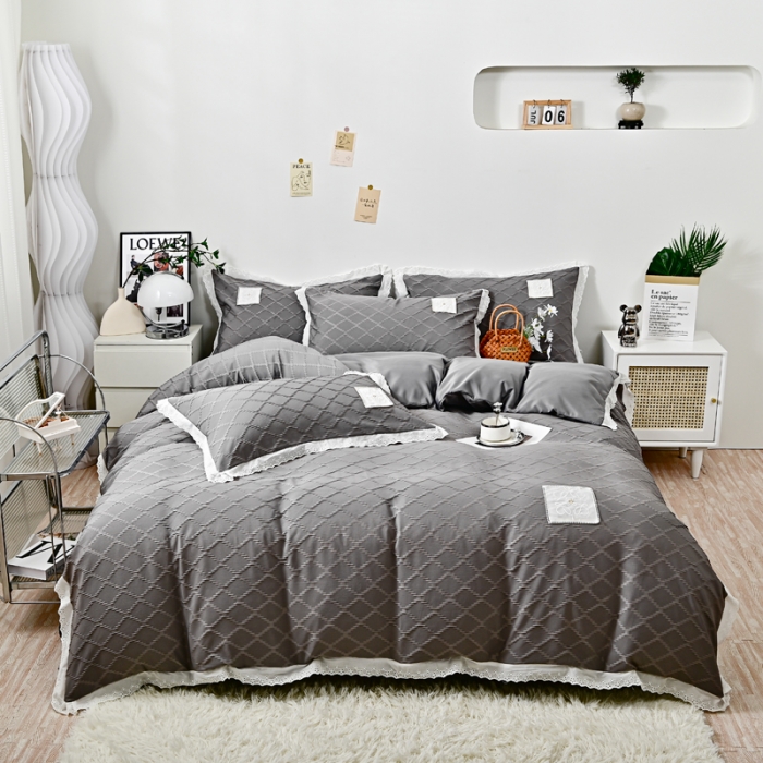 91家纺网 家纺一手货源 找家纺 宅家居 2023新款双层纱菱形格贴布绣花边四件套-罗威系列 罗威-浅灰