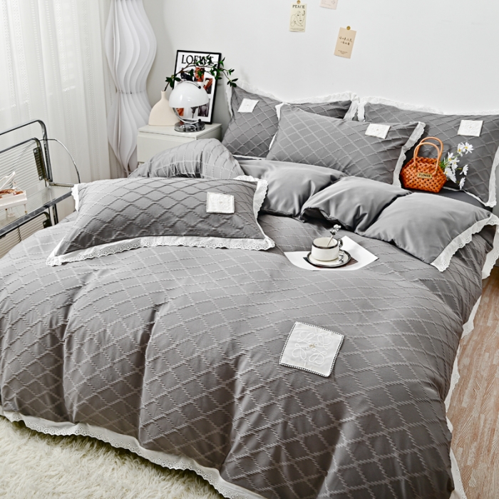 91家纺网 家纺一手货源 找家纺 宅家居 2023新款双层纱菱形格贴布绣花边四件套-罗威系列 罗威-浅灰