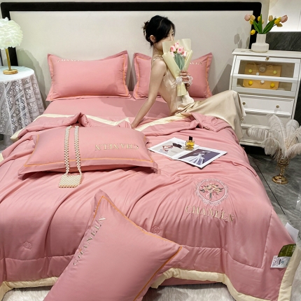 91家纺网 家纺一手货源 找家纺 苏米娜A类双层纱色织水洗棉麻刺绣花香夏被四件套纯棉夏凉被空调被大豆夏被 镜中花--米黄