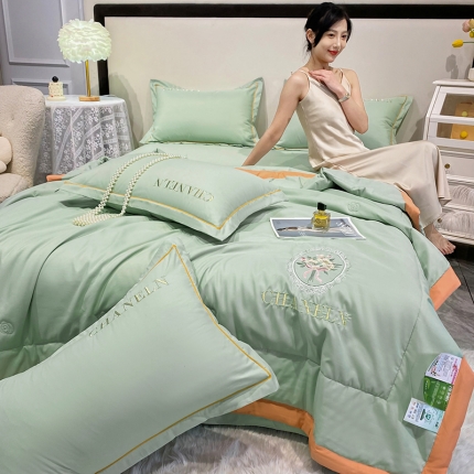 91家纺网 家纺一手货源 找家纺 苏米娜A类双层纱色织水洗棉麻刺绣花香夏被四件套纯棉夏凉被空调被大豆夏被 镜中花--米黄
