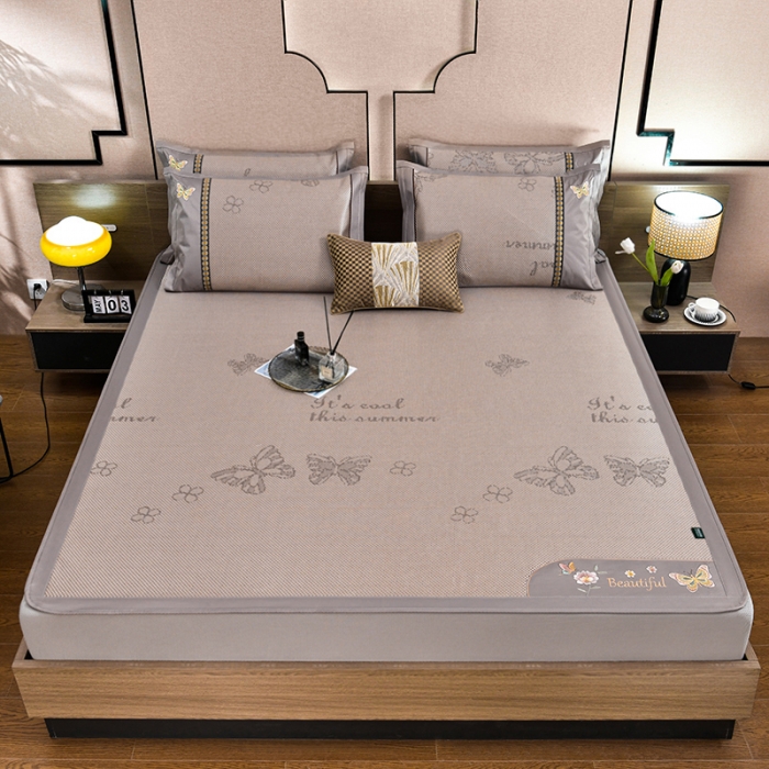 91家纺网 家纺一手货源 找家纺 简一2024新款荷塘月色系列冰藤凉席床笠款 蝶恋花-提花香槟