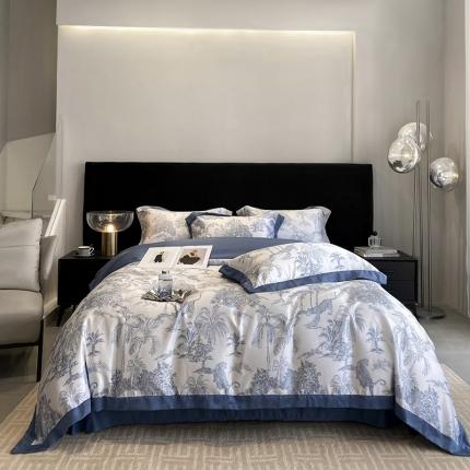 91家纺网 家纺一手货源 找家纺 优悦 2023新款水洗真丝轻奢印花款四件套 森林物语-蓝