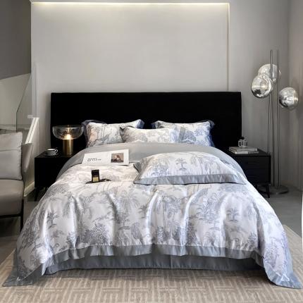 91家纺网 家纺一手货源 找家纺 优悦 2023新款水洗真丝轻奢印花款四件套 森绿物语-灰