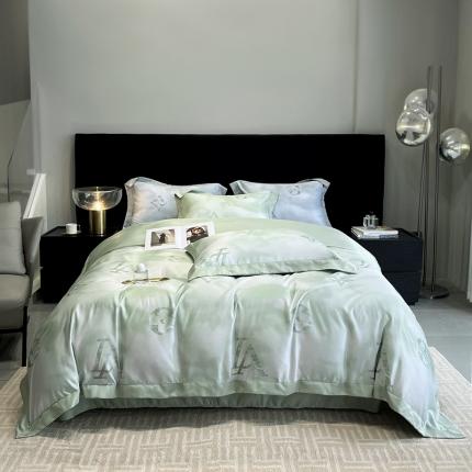 91家纺网 家纺一手货源 找家纺 优悦 2023新款水洗真丝轻奢印花款四件套 云中-绿