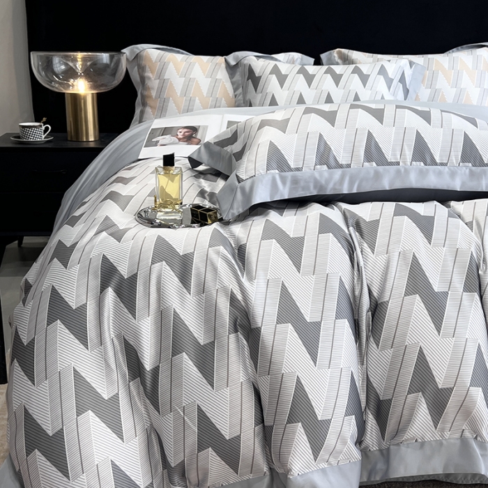 91家纺网 家纺一手货源 找家纺 优悦 2023新款水洗真丝轻奢印花款四件套 安格斯-灰