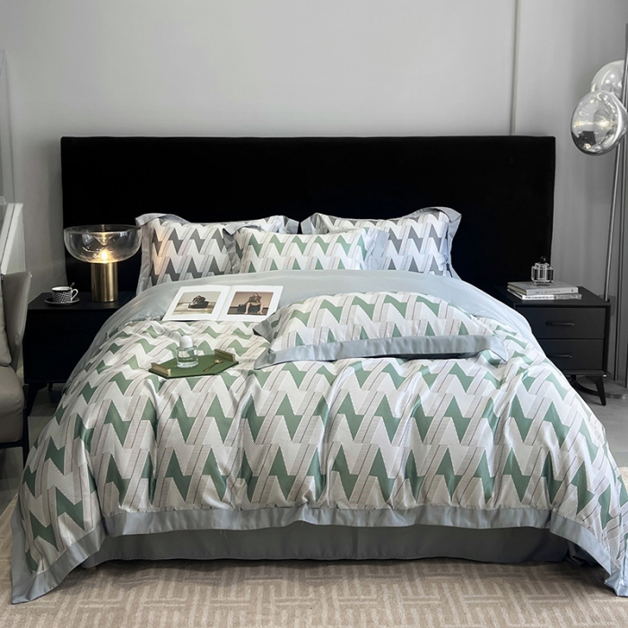 91家纺网 家纺一手货源 找家纺 优悦 2023新款水洗真丝轻奢印花款四件套 安格斯-绿