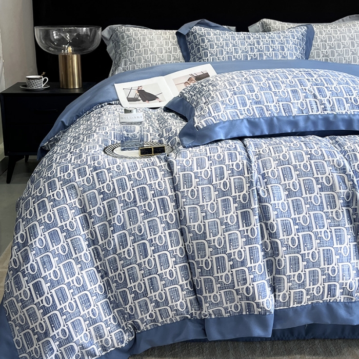 91家纺网 家纺一手货源 找家纺 优悦 2023新款水洗真丝轻奢印花款四件套 迪丽奥-蓝