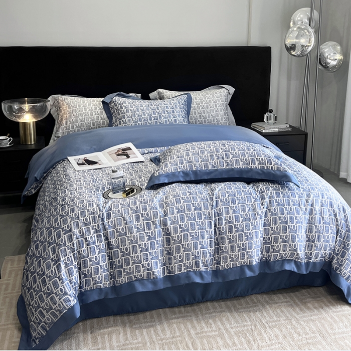 91家纺网 家纺一手货源 找家纺 优悦 2023新款水洗真丝轻奢印花款四件套 迪丽奥-蓝